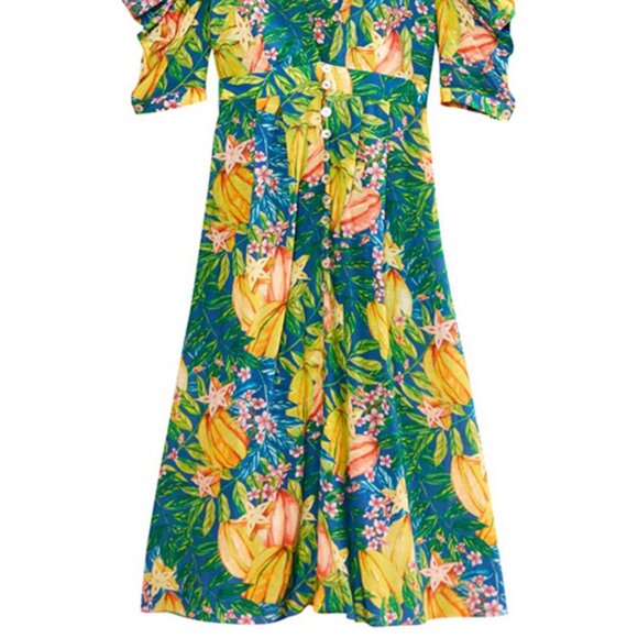 Farm Rio Star Fruit Puff Sleeve Midi Dress Size L NWT - Picture 6 of 15